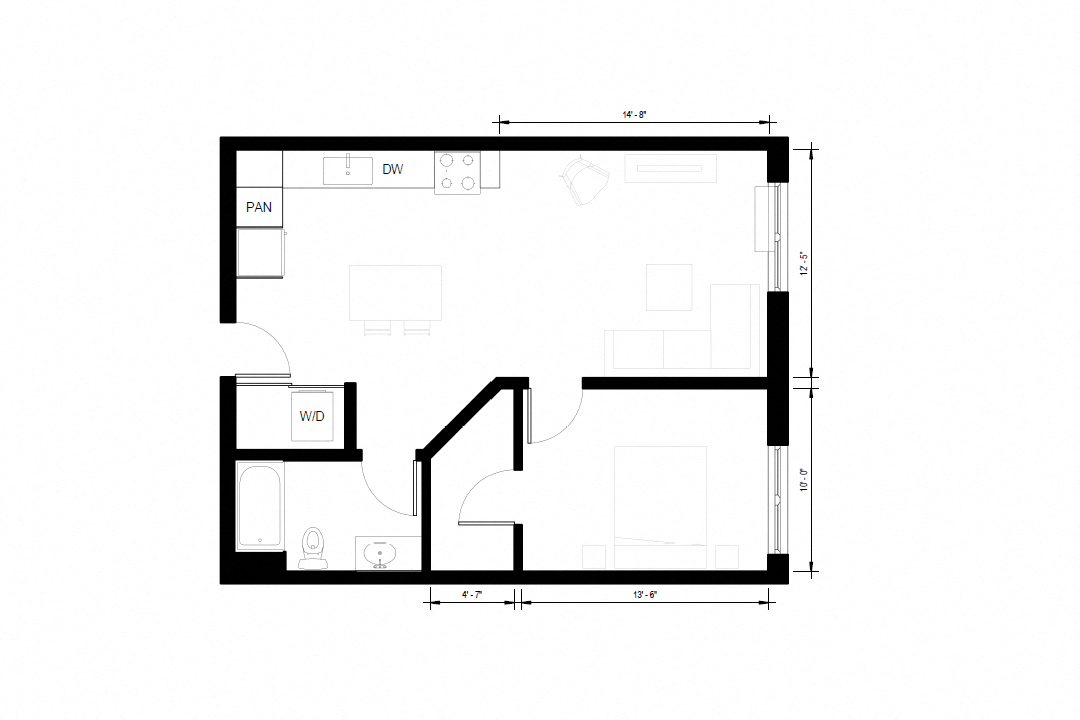 Floor plan for 1 bed, 1 bath, 695 sqft